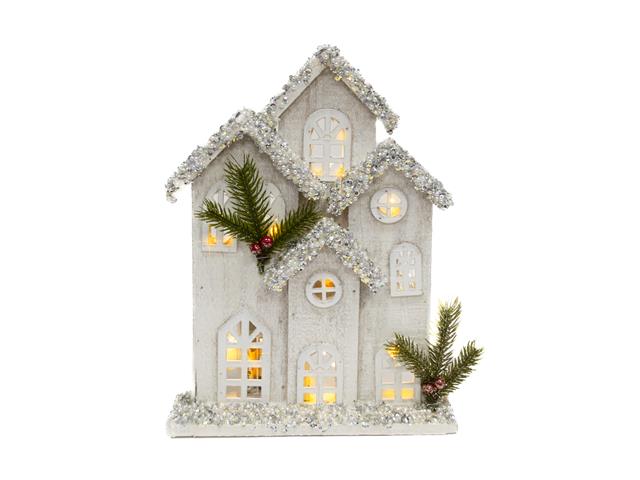 LED SNOW COVERED WHITE WOODEN TOWNHOUSE (12.6")